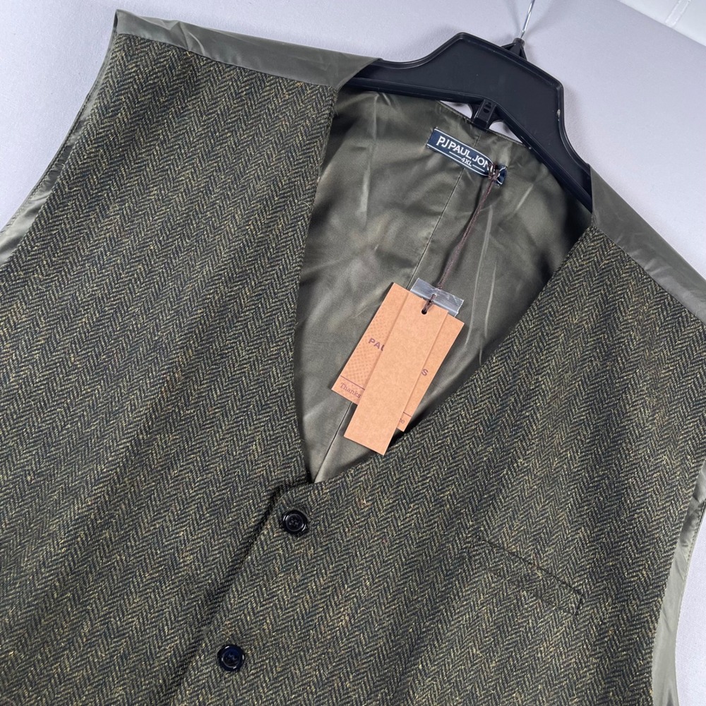 PJ Paul‎ Jones Mens 4XL Herringbone Tweed Vest Olive Green Wool Blend NWT